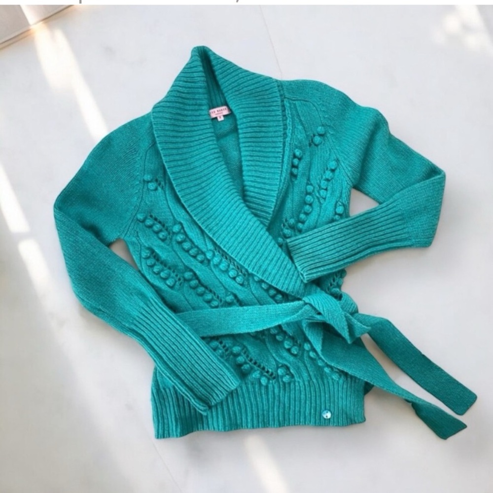 TED BAKER • Wool Blend Knit Wrap Cardigan in Teal • 8